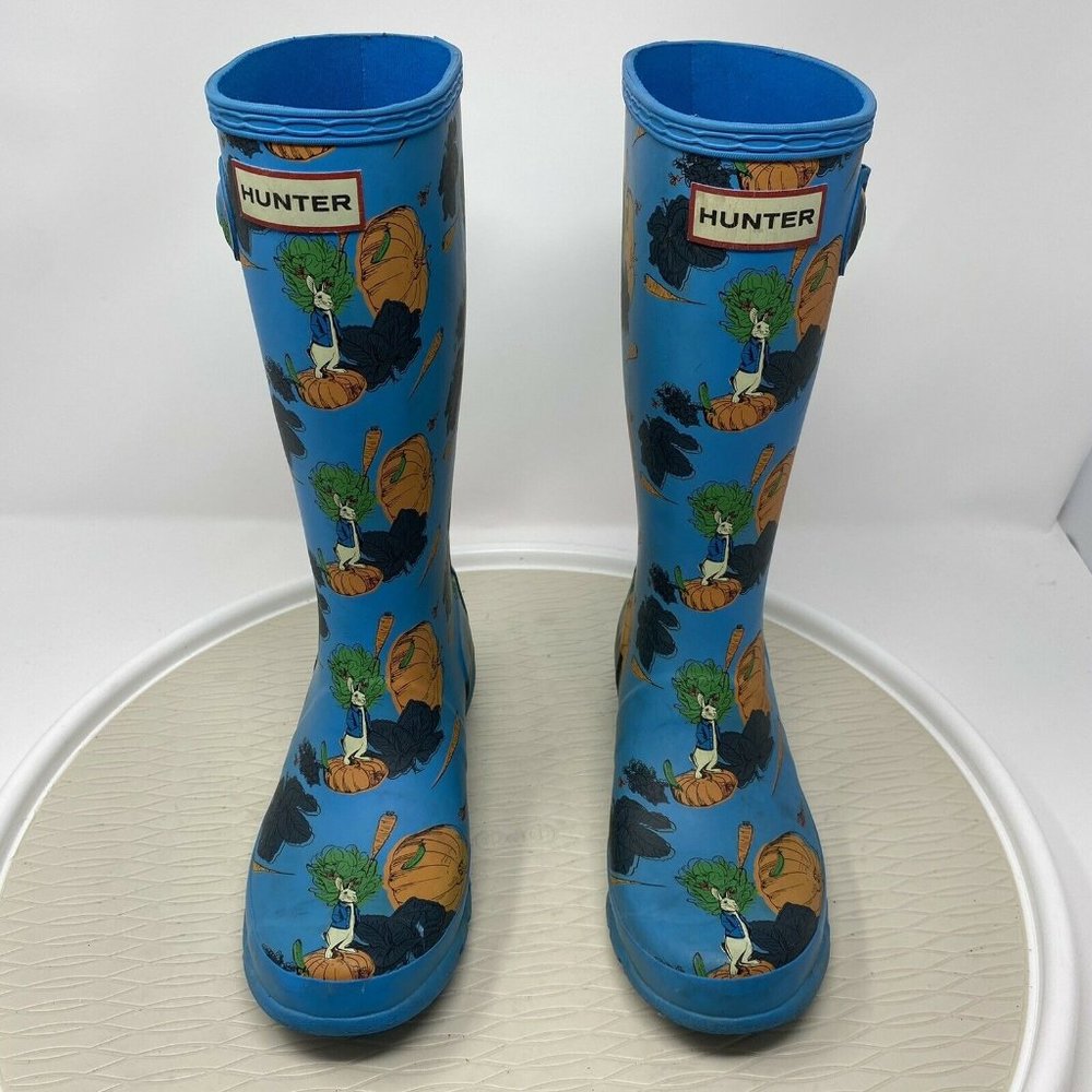 Hunter Peter Rabbit Kids Wellington Boots EU 34 Girl 4 Teal Blue Bunny Rain - Picture 2 of 12